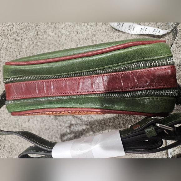Hand Tooled Leather  Tan and Green Crossbody Bag - Picture 8 of 8